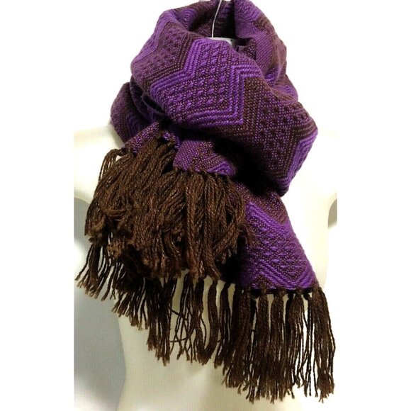 Ruashka Alpaca Edu Scarf Wrap Purple Brown Peruvian Woven Tassels 58* 23" Large - Picture 3 of 4